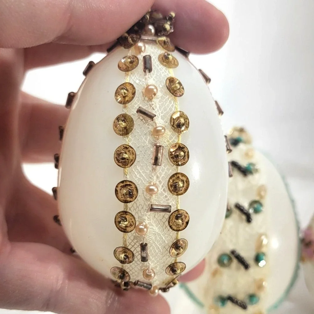 Vintage Glass Beaded Eggs Ornaments Set of 4 Embellished‎ Handcrafted Pink Green